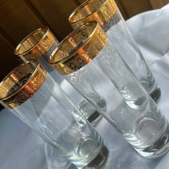 Cellini Crystal Gold Gilded Needle Etched Highball Glasses  4 Pcs - Picture 3 of 4